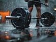© pavlofox - Athlete lifts barbell during a rainy outdoor workout, showcasing determination and strength in a challenging environment