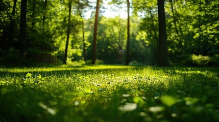 A serene forest scene featuring lush green grass, vibrant trees, and soft sunlight filtering through the foliage.