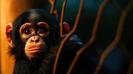 A close-up of a young chimpanzee gazing thoughtfully through a cage, capturing the essence of wildlife in captivity.