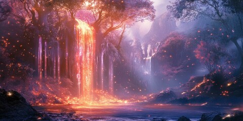 Wall Mural - A glowing, fiery waterfall in a magical forest.