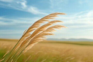 Golden grass sways gently in the warm breeze under a bright blue sky, creating a serene and tranquil landscape.