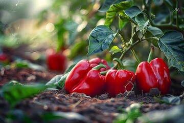 Wall Mural - Red juicy bell pepper on farm field on a sunny day. Concept of growing vegetables, agribusiness development.
