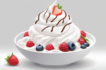 white plate with tasty cream and ripe juicy strawberries on a white background. romantic dessert for two