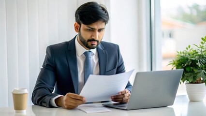 Wall Mural - An Indian banker reviewing financial documents at a desk.
