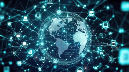 Wall Mural - earth surrounded by computers and network connections. symbolizing global network connectivity in cy