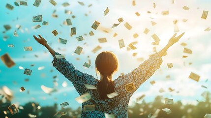 Woman Rejoicing in a Shower of Money: Success, Wealth, Financial Freedom