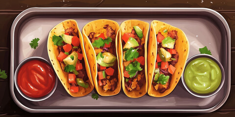 Wall Mural - Fusion tacos with an eclectic mix of flavors on a metal tray with dipping sauce