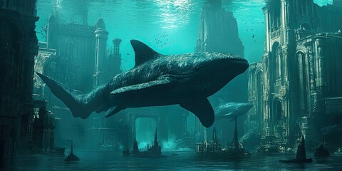 Wall Mural - A whale swims past an underwater city.