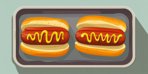 Wall Mural - Two hot dogs on a metal tray with mustard and ketchup