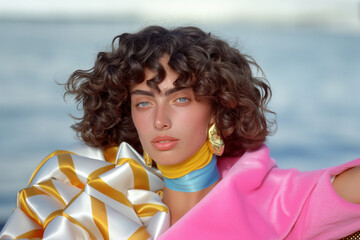 Wall Mural - Model with soft curls and golden earrings posing against a serene ocean backdrop, dressed in a vibrant yellow and pink outfit. A perfect blend of boldness and tranquility.