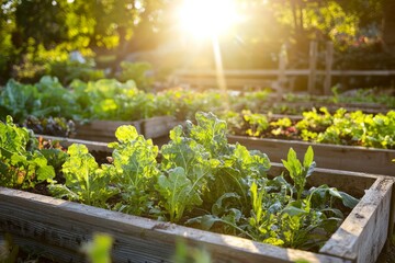 Wall Mural - Organic vegetable garden with raised beds and companion planting. Sunlight filtering through green leaves, Generative AI