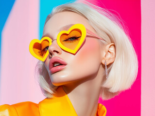 Wall Mural - A close-up of a model wearing neon heart-shaped sunglasses with vibrant makeup. Bold and playful fashion statement with a pop of color.