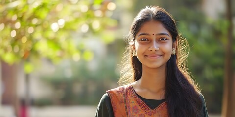 Wall Mural - Young indian girl student smile standing