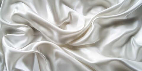 Closeup of rippled white satin fabric texture background. Luxurious background design
