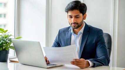 Wall Mural - An Indian male financial consultant reviewing financial reports at his desk.
