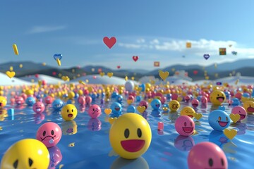 High-detail 3D render of social media emojis and likes scattered across a digital landscape.