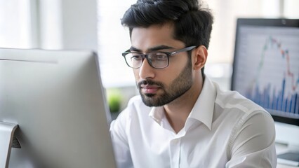 Wall Mural - An Indian financial analyst working diligently at a workstation.
