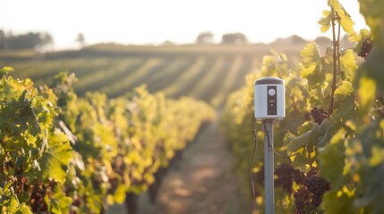 Photograph of a modern smart weather station installed in the middle of a lush vineyard