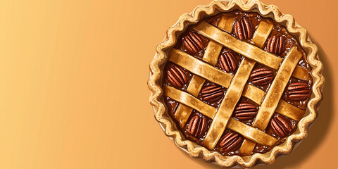 Pecan pie with a lattice top, filled with whole pecans in a thick, sticky mixture