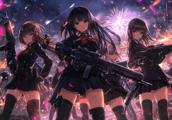 Wall Mural - Anime-style artwork depicting four female high school students in uniform with long hair, holding magical weapons and ready to fight.