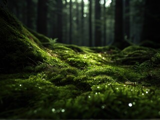 Wall Mural - A close-up shot of green moss covered forest floor with sunlight shining through the trees.