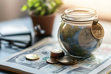 Global Finance: Coins, Globe, and US Dollar Bills