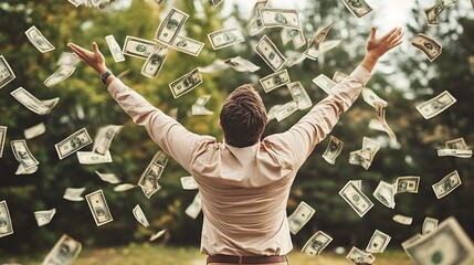 Man Celebrating Success with Raining Money