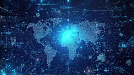 Wall Mural - abstract digital blue background with a glowing world map and futuristic tech elements. concept of t