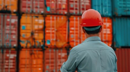 Wall Mural - Engineer in Hardhat Examining Cargo Manifest at Busy Shipping Terminal with Stacked Cargo Containers in Blurred Depth of Field Background