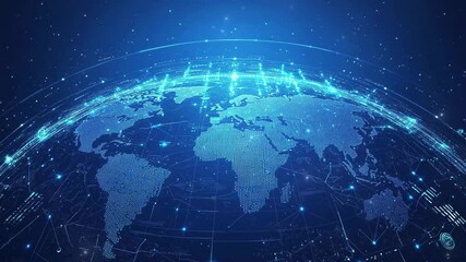 Wall Mural - abstract digital blue background with a glowing world map and futuristic tech elements. concept of t