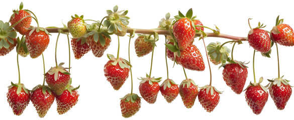 Wall Mural - Bunch of strawberries hanging from a branch, isolated on white background