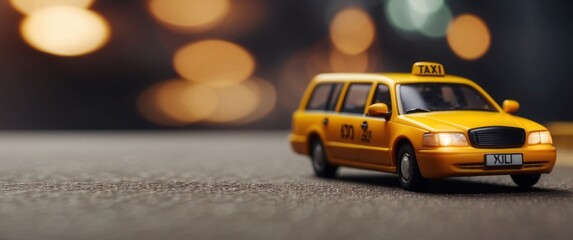 Yellow Taxi Cab Model on a Dark Road with Blurred Lights