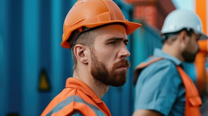 Wall Mural - A longshoreman dressed in a hardhat and uniform working collaboratively with an engineer at the busy port facility