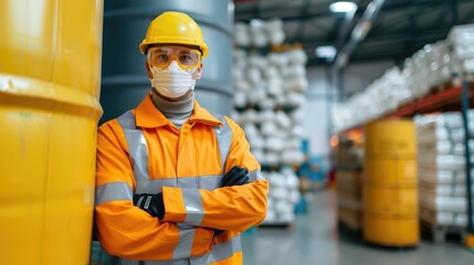 Wall Mural - Portrait of a warehouse worker in protective uniform mask and helmet handling hazardous materials with caution and safety precautions in an industrial storage and distribution facility