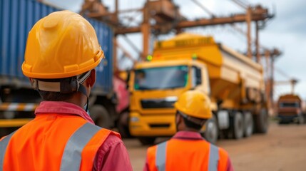 Wall Mural - Scene of heavy machinery and workers engaged in break bulk loading procedures at an industrial terminal with a focus on the deep depth of field showcasing the scale and complexity of the logistics