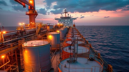 Wall Mural - Sunset Cargo Loading at Bustling Commercial Seaport Terminal with Tanker Ship Cranes and Storage Tanks Lit by Warm Illumination