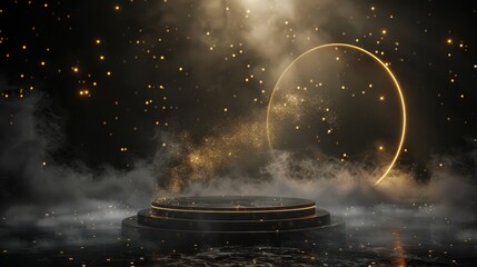 Poster - Black Circular Platform with Gold Accents and Smoke