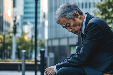 Canvas Print - A Japanese man in a suit, with black hair and a gray beard, sits with his head down on a bench outside an office building.