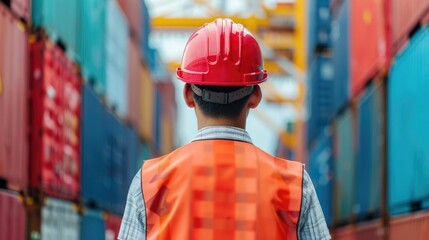 Wall Mural - Cargo container ship loading process being overseen by a safety conscious engineer wearing protective gear in a deep field of view