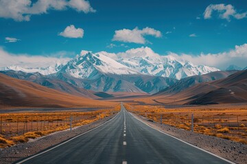 A long straight asphalt road leading towards a snowy mountain range under a bright blue sky with white clouds