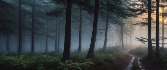 Wall Mural - A Misty Forest Path with Sunlight Filtering Through the Trees