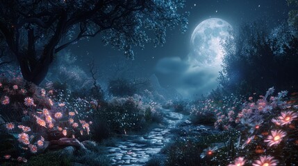 Moonlight Illuminates a Stone Path Through a Flowery Forest