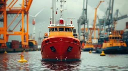 Busy seaport scene with large orange tugboat and industrial cranes moving cargo containers at a bustling maritime logistics terminal  The port is a hub for international trade and shipment of goods