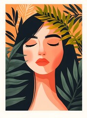 Wall Mural - Woman with Closed Eyes Surrounded by Tropical Leaves