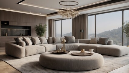 Wall Mural - Modern living room with a sectional sofa and a round ottoman.