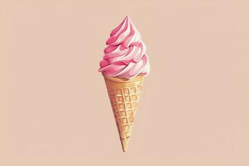 Drawing of vanilla ice cream in a waffle cone on a pink background. Generated by artificial intelligence