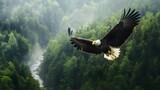 10. A majestic bald eagle soaring high above a dense forest with a river winding through the landscape below