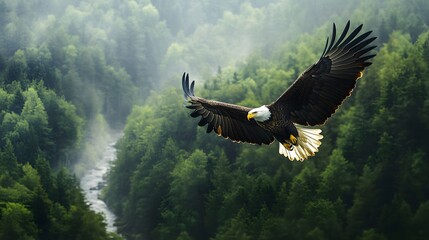10. a majestic bald eagle soaring high above a dense forest with a river winding through the landsca