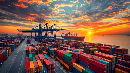 Aerial View of Bustling Seaport with Stacked Containers and Cargo Ships Loading at Docks