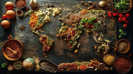 Food from many countries, parts of the world, representing diverse cuisines and cultures. Map world food 